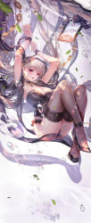 Rule 34 | 1girl, absurdres, air bubble, anklet, arms up, azur lane, between breasts, black footwear, black panties, black thighhighs, breasts, bubble, cameltoe, chain, cleavage, coin (ornament), collar, commentary request, cuffs, d-zhai, dappled sunlight, earrings, embroidery, flower, formidable (azur lane), frills, full body, hair ornament, handcuffs, high heels, highres, iei, jewelry, lace, lace-trimmed legwear, lace trim, leaf, lingerie, long hair, necklace, open mouth, panties, red eyes, see-through, shawl, silver hair, solo, strapless, submerged, sunlight, thighhighs, twintails, underwater, underwear, underwear only, veil, very long hair, white flower