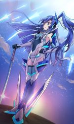 Rule 34 | &gt;:(, 10s, 1girl, blue hair, bodysuit, breasts, character request, frown, full body, groin, hand on another&#039;s shoulder, hand on own hip, highres, long hair, medium breasts, planted, planted sword, planted weapon, senki zesshou symphogear, sky, solo, standing, star (sky), starry sky, sword, thighhighs, ttknok, v-shaped eyebrows, weapon