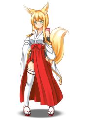 Rule 34 | 1girl, animal ears, blonde hair, blush, breasts, covered erect nipples, female focus, fox ears, fox tail, full body, green eyes, hand on own hip, highres, himeka chiyako, japanese clothes, large breasts, large ears, leotard, long hair, looking at viewer, miko, minaha (playjoe2005), original, ribbon-trimmed legwear, ribbon trim, sandals, sideboob, simple background, smile, solo, tail, thighhighs, tsurime, white background, white thighhighs