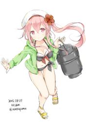 Rule 34 | 10s, 1girl, 2015, adapted costume, beret, bikini, black bikini, blush, breasts, character name, cleavage, collarbone, dated, drum (container), floating hair, flower, from above, full body, hair between eyes, hair flower, hair ornament, harusame (kancolle), hat, hibiscus, holding, hood, hoodie, kantai collection, knees together feet apart, leaning forward, long hair, long sleeves, looking at viewer, navel, open clothes, open hoodie, pink eyes, pink hair, sailor bikini, sailor collar, sandals, side ponytail, sidelocks, simple background, smile, solo, standing, swimsuit, thigh gap, twitter username, wataame27, white background, white hat