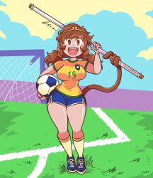 Rule 34 | 1girl, ball, breasts, football uniform, highres, holding, large breasts, leomodesto, medium breasts, monkey tail, soccer ball, solo, son biten, sportswear, tail, thick thighs, thighs, touhou