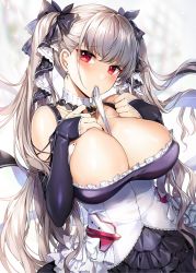 Rule 34 | 1girl, azur lane, bare shoulders, black bow, black dress, black nails, bow, breasts, cleavage, collarbone, detached collar, detached sleeves, dress, earrings, floating hair, formidable (azur lane), frilled dress, frills, gijang, hair bow, hands on own chest, hands up, jewelry, large breasts, long hair, long sleeves, looking at viewer, mouth hold, nail polish, red eyes, silver hair, solo, twintails, upper body, very long hair