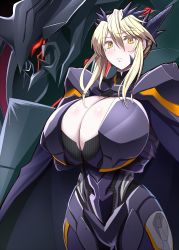 Rule 34 | 1girl, armor, artoria pendragon (fate), artoria pendragon (lancer alter) (fate), black armor, black cape, blonde hair, blush, body armor, breasts, cape, cleavage, cleavage cutout, clothing cutout, cosplay, crossed arms, dark persona, fate/grand order, fate (series), highres, horns, huge breasts, kloah, long bangs, odysseus (fate), odysseus (fate) (cosplay), pale skin, slit pupils, yellow eyes