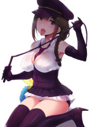 Rule 34 | 1girl, bare shoulders, boots, bow, braid, breasts, brown hair, cleavage, collarbone, commentary request, elbow gloves, gloves, hair bow, hat, holding, idolmaster, idolmaster shiny colors, kneeling, kuwayama chiyuki, large breasts, long hair, looking at viewer, necktie, purple footwear, purple gloves, purple hat, purple neckwear, shiroyukimajima, shirt, simple background, single braid, skirt, thigh boots, thighhighs, tongue, tongue out, whip, white background, white shirt