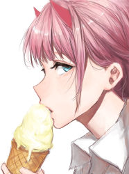 Rule 34 | 10s, 1girl, absurdres, aqua eyes, collared shirt, darling in the franxx, eating, food, highres, holding, holding food, horns, ice cream, liudaohai6001, looking at viewer, pink hair, profile, shirt, simple background, solo, white background, white shirt, zero two (darling in the franxx)