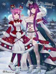 Rule 34 | 2girls, alternate costume, ankle boots, boots, breasts, christmas, cross-laced clothes, cross-laced dress, doiparuni, dress, elbow gloves, english text, facial mark, fascinator, female focus, fire emblem, fire emblem engage, flower, folded twintails, full body, gloves, hair flaps, hair rings, heart, heart facial mark, high heel boots, high heels, highres, hortensia (fire emblem), ivy (fire emblem), large breasts, matching hair/eyes, mole, mole under mouth, multicolored hair, multiple girls, nintendo, pine tree, pink hair, purple eyes, purple hair, rose, santa dress, see-through headwear, siblings, sisters, snowflake print, standing, streaked hair, striped clothes, striped dress, thighhighs, tree, twitter username, two-tone hair, two-tone pantyhose, vertical-striped clothes, vertical-striped dress, white flower, white footwear, white gloves, white hair, white rose