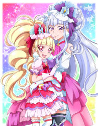 Rule 34 | 10s, 2girls, black legwear, blonde hair, blunt bangs, bow, clothing cutout, cure amour, cure macherie, dress, floating hair, frilled legwear, frills, gloves, hair bow, hand on another&#039;s shoulder, hanzou, highres, hug, hugtto! precure, layered dress, long hair, looking at viewer, multiple girls, precure, purple bow, purple eyes, red bow, red eyes, short dress, short sleeves, shoulder cutout, silver hair, smile, star (symbol), thighhighs, twintails, very long hair, white gloves, white legwear