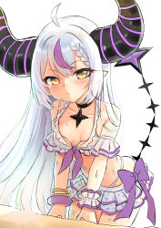 Rule 34 | 1girl, ahoge, bare shoulders, bikini, black choker, blush, braid, breasts, choker, closed mouth, collarbone, demon horns, frilled bikini, frills, grey hair, hair between eyes, highres, hololive, horns, la+ darknesss, leaning forward, long hair, looking at viewer, multicolored hair, pointy ears, purple hair, small breasts, solo, streaked hair, swimsuit, unname, very long hair, virtual youtuber, wet, white background, white bikini, yellow eyes