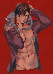 Rule 34 | 10s, 1boy, animal, brown hair, cat, eye contact, glasses, gradient hair, looking at another, male focus, multicolored hair, muscular, navel, necklace, nipples, ookurikara, open clothes, open shirt, personification, red background, red hair, shirt, simple background, toothbrush, touken ranbu, tsurime, uosuko, upper body, yellow eyes