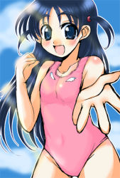 Rule 34 | 00s, 1girl, :d, blush, casual one-piece swimsuit, gogatsu, long hair, navel, one-piece swimsuit, open mouth, outstretched arm, outstretched hand, reaching, school rumble, short twintails, smile, solo, swimsuit, tsukamoto tenma, twintails, two side up