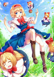 Rule 34 | 1girl, :d, ^ ^, alice margatroid, apple, apron, basket, blonde hair, blue dress, blue eyes, blush, boots, bow, bowtie, brown footwear, capelet, closed eyes, convenient leg, cross-laced footwear, doll, dress, flower, food, frilled dress, frills, fruit, full body, hair bow, hairband, jewelry, lace-up boots, lolita hairband, mayonaka taruho, open mouth, puffy short sleeves, puffy sleeves, puppet rings, puppet strings, red bow, red bowtie, ring, sash, shanghai doll, short hair, short sleeves, smile, thighhighs, touhou, waist apron, white thighhighs