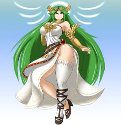 Rule 34 | 1girl, absurdres, bare shoulders, blue background, bracer, breasts, closed mouth, collar, dress, full body, gradient background, green eyes, green hair, high heels, highres, kid icarus, kyelyn, large breasts, legs, long hair, looking at viewer, matching hair/eyes, nintendo, no panties, palutena, parted bangs, side slit, single thighhigh, smile, solo, standing, strapless, thighhighs, tiara, two-tone background, very long hair, white background, white dress, white thighhighs