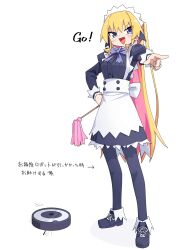 Rule 34 | 1girl, apron, black footwear, black pantyhose, black ribbon, blonde hair, blue eyes, bow, bowtie, breasts, fang, full body, hair ribbon, highres, holding, long hair, looking at viewer, maid, maid headdress, medium breasts, open mouth, original, pantyhose, pink hair, pointing, ribbon, robotic vacuum cleaner, shoes, simple background, solo, standing, translation request, very long hair, white apron, white background, yachima tana, yachimata kana