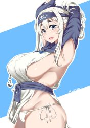 Rule 34 | 10s, 1girl, ainu clothes, anchor, arms up, artist name, breasts, cameltoe, folded ponytail, headband, highres, kamoi (kancolle), kantai collection, large breasts, long hair, looking at viewer, moisture (chichi), open mouth, panties, side-tie panties, sideboob, sidelocks, smile, solo, teeth, underwear, white hair, white panties