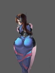 Rule 34 | 1girl, absurdres, armor, ass, blue bodysuit, bodysuit, boots, brown eyes, brown hair, blowing bubbles, chewing gum, cowboy shot, d.va (overwatch), facepaint, facial mark, from behind, grey background, gun, headphones, high collar, highres, jinji de nang, legs together, long hair, long sleeves, looking at viewer, looking back, overwatch, overwatch 1, pauldrons, pilot suit, ribbed bodysuit, shoulder armor, shoulder pads, simple background, skin tight, solo, standing, thigh boots, thigh strap, thighhighs, weapon, wedgie, whisker markings, white footwear