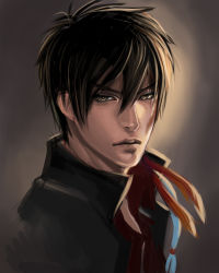 Rule 34 | 1boy, black hair, black jacket, brown background, brown eyes, closed mouth, collar, collared jacket, facial scar, feathers, high collar, highres, jacket, katekyo hitman reborn!, looking at viewer, male focus, manly, monsohot, realistic, scar, scar on cheek, scar on face, serious, short hair, solo, upper body, xanxus