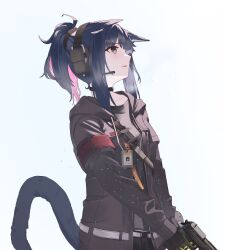 Rule 34 | 1girl, animal ears, arknights, black choker, black hair, cat ears, cat girl, cat tail, choker, colored inner hair, gloves, green eyes, gun, headset, high ponytail, highres, holding, holding gun, holding weapon, id card, implied extra ears, jacket, jessica (arknights), long hair, multicolored hair, open clothes, open jacket, ponytail, purple hair, solo, suzubotan, tail, two-tone hair, weapon, white background
