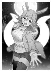 Rule 34 | 1girl, ahoge, boots, breasts, coat, contemporary, fate/grand order, fate (series), greyscale, hildr (fate), looking at viewer, meiji ken, monochrome, moon, night, open mouth, pants, reaching, reaching towards viewer, sky, smile, solo, sweater, valkyrie (fate)