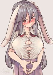 Rule 34 | 1girl, animal ears, aoi kujira, blush, breasts, bursting breasts, button gap, buttons, cleavage, collarbone, ears down, grey hair, hair between eyes, heart, heart-shaped pupils, large breasts, long hair, looking at viewer, pleated skirt, rabbit ears, red eyes, reisen udongein inaba, simple background, skirt, solo, sweat, symbol-shaped pupils, touhou, upper body, very long hair, watermark