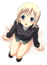 Rule 34 | 00s, 1girl, :d, blonde hair, blue eyes, blush, erica hartmann, long sleeves, looking at viewer, no pants, open mouth, panties, simple background, smile, solo, strike witches, underwear, white background, white panties, world witches series