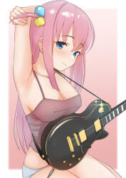 Rule 34 | 1girl, armpits, arms behind head, arms up, blue eyes, blush, bocchi the rock!, breasts, cleavage, closed mouth, covered erect nipples, cube hair ornament, gotoh hitori, guitar, hair between eyes, hair ornament, highres, instrument, large breasts, long hair, looking at viewer, one side up, panties, pink hair, sakieko, simple background, sitting, smile, solo, tank top, underwear, white panties