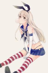Rule 34 | 10s, 1girl, bare shoulders, black panties, blonde hair, blue skirt, bow, brown eyes, blowing bubbles, chewing gum, elbow gloves, female focus, gloves, hairband, headband, kantai collection, long hair, looking at viewer, microskirt, navel, panties, pleated skirt, revision, sailor collar, school uniform, serafuku, shibashino (skirtlifting), shimakaze (kancolle), simple background, sitting, skirt, solo, striped clothes, striped thighhighs, thighhighs, thong, underwear, white background, white gloves