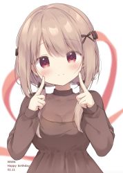 Rule 34 | 1girl, black bow, blush, bow, breasts, brown dress, brown hair, cleavage, closed mouth, commentary request, dated, dress, hair bow, hair over shoulder, hands up, happy birthday, head tilt, heart, highres, long hair, long sleeves, low twintails, medium breasts, miyasaka naco, original, puffy long sleeves, puffy sleeves, red eyes, see-through, sleeves past wrists, smile, solo, twintails, upper body, white background