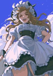 Rule 34 | 1girl, :d, apron, back bow, black hat, black skirt, black vest, blonde hair, blue sky, bow, braid, buttons, center frills, cloud, cloudy sky, commentary, cowboy shot, day, frilled apron, frilled hat, frilled skirt, frills, from below, green bow, hair bow, hand on own hip, hat, highres, kirisame marisa, long hair, looking at viewer, looking down, noriuma, open mouth, puffy short sleeves, puffy sleeves, shirt, short sleeves, single braid, skirt, sky, smile, solo, teeth, touhou, upper teeth only, vest, waist apron, white apron, white bow, white shirt, witch hat, wristband, yellow eyes