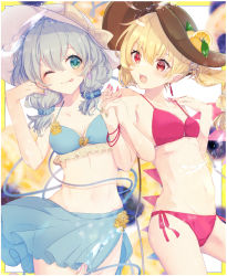 Rule 34 | 2girls, ;p, alternate costume, aoi (annbi), bikini, blonde hair, blue bikini, breasts, crystal, flandre scarlet, flower, food, food on head, fruit, fruit on head, green nails, hat, highres, interlocked fingers, komeiji koishi, lemon, looking at another, low twintails, multiple girls, nail polish, navel, object on head, one eye closed, open mouth, pink nails, red eyes, red nails, see-through, small breasts, sun hat, sunflower, swimsuit, tongue, tongue out, touhou, twintails, wings