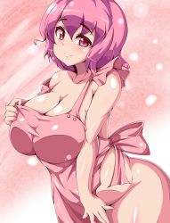 Rule 34 | 1girl, apron, ass, bad id, bad pixiv id, breasts, cleavage, covering privates, covering crotch, female focus, gigantic breasts, huge breasts, moisture (chichi), naked apron, pink eyes, pink hair, saigyouji yuyuko, short hair, smile, solo, touhou