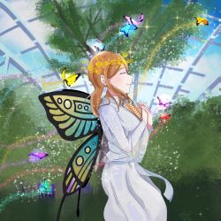 Rule 34 | 1girl, absurdres, artist name, artist request, bare shoulders, blue butterfly, blush, bow, breasts, brown hair, bug, butterfly, butterfly wings, closed eyes, dress, earrings, feather earrings, feathers, female focus, hair between eyes, highres, insect, insect wings, jewelry, kunikida hanamaru, layered skirt, light brown hair, long hair, long sleeves, looking at viewer, love live!, love live! school idol festival, love live! sunshine!!, miniskirt, own hands together, parted lips, pink butterfly, plaid, plaid dress, plaid skirt, pleated, pleated dress, pleated skirt, purple butterflyt, rainbow wings, see-through, see-through sleeves, skirt, smile, solo, sparkle, the story of feather (love live!), tree, white bow, white dress, white skirt, wing collar, wings, yellow butterfly
