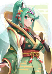 Rule 34 | 1girl, alternate costume, breasts, chest jewel, cleavage, detached sleeves, earrings, gonzarez, green eyes, green hair, hair ornament, highres, japanese clothes, jewelry, kimono, large breasts, long hair, looking at viewer, pneuma (xenoblade), ponytail, sideboob, solo, swept bangs, tiara, very long hair, xenoblade chronicles (series), xenoblade chronicles 2