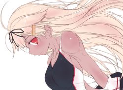 Rule 34 | 1girl, alternate skin color, blonde hair, blush, commentary request, competition swimsuit, dark-skinned female, dark skin, hair ornament, hair ribbon, hairclip, kantai collection, long hair, looking at viewer, one-piece swimsuit, profile, red eyes, ribbon, simple background, solo, swimsuit, upper body, white background, yumesato makura, yuudachi (kancolle), yuudachi kai ni (kancolle)
