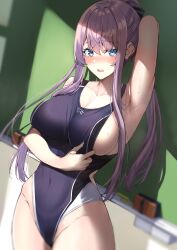 Rule 34 | 1girl, armpits, black one-piece swimsuit, blue eyes, blush, board eraser, breasts, chalkboard, cleavage, commentary request, competition swimsuit, covered navel, cowboy shot, kaerunoashi, large breasts, long hair, looking at viewer, multicolored clothes, multicolored swimsuit, nose blush, one-piece swimsuit, original, ponytail, presenting armpit, purple hair, solo, standing, swimsuit