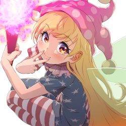 Rule 34 | 1girl, american flag dress, american flag legwear, blonde hair, blush, clownpiece, dress, fairy wings, feet out of frame, from above, hat, holding, holding torch, jester cap, long hair, pantyhose, polka dot, red eyes, shiroi karasu, short sleeves, smile, solo, squatting, star (symbol), striped, swept bangs, torch, touhou, v over mouth, very long hair, w, wings