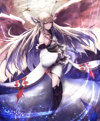 Rule 34 | 1girl, blonde hair, blunt bangs, braid, bridal gauntlets, detached sleeves, feathered wings, fighting stance, hair ribbon, halo, head wings, highres, japanese clothes, kimono, kneehighs, light frown, light particles, long hair, long sleeves, looking at viewer, na (oagenosuke), obi, original, parted lips, ready to draw, red eyes, ribbon, sash, single bare shoulder, socks, solo, sparks, spread wings, tress ribbon, white kimono, wings