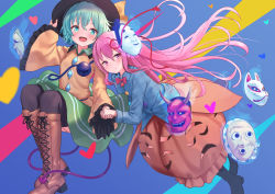 Rule 34 | 2girls, abstract background, aqua eyes, aqua hair, black legwear, boots, bow, bowtie, brown footwear, bubble skirt, commentary, cross-laced footwear, fox mask, frilled skirt, frilled sleeves, frills, green skirt, hat, hata no kokoro, heart, holding hands, hyottoko mask, invisible chair, knee boots, komeiji koishi, lace-up boots, long hair, long sleeves, looking at viewer, mask, mask on head, multiple girls, noh mask, oni mask, open mouth, pink eyes, pink hair, plaid, plaid shirt, roke (taikodon), shirt, short hair, sitting, skirt, star (symbol), thighhighs, third eye, touhou, wide sleeves, yellow shirt