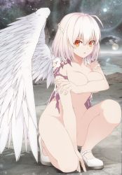 Rule 34 | 1girl, absurdres, ahoge, blush, braid, breast hold, breasts, collarbone, covering privates, covering breasts, earth (planet), feathered wings, fingernails, french braid, groin, hair between eyes, highres, kishin sagume, large breasts, looking at viewer, medium breasts, mikoma sanagi, navel, non-web source, nude, on one knee, orange hair, parted lips, planet, scan, silver hair, single wing, solo, space, star (sky), stomach, touhou, white footwear, white wings, wings