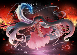 Rule 34 | absurdly long hair, adapted costume, aqua eyes, aqua hair, autumn leaves, backlighting, bare shoulders, barefoot, blouse, bridge, commentary, detached sleeves, dragon, falling leaves, hair ornament, hand on own chest, hatsune miku, highres, japanese clothes, kyoto, leaf, long hair, long skirt, looking at viewer, mamo (fortune-mm), maple leaf, necktie, night, number tattoo, pink neckwear, pink skirt, pink sleeves, ripples, river, shirt, shoulder tattoo, skirt, smile, tattoo, twintails, very long hair, vocaloid, water drop, white shirt, whorled clouds, wide shot, wide sleeves