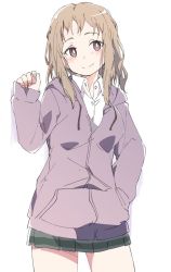 Rule 34 | 1girl, black skirt, blush, brown eyes, closed mouth, hand in pocket, ixy, jacket, just because!, komiya ena, pleated skirt, purple jacket, shirt, short hair, simple background, skirt, smile, solo, thighs, white background, white shirt