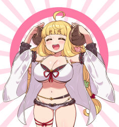 Rule 34 | 1girl, = =, ahoge, anila (granblue fantasy), anila (summer) (granblue fantasy), bikini, blonde hair, blush, breasts, chan co, cleavage, commentary request, draph, closed eyes, feet out of frame, flower, frills, granblue fantasy, groin, hair flower, hair ornament, hair ribbon, hands on own head, hikimayu, horns, large breasts, long hair, navel, open mouth, ribbon, sheep horns, solo, swimsuit, teeth, thighs, upper teeth only