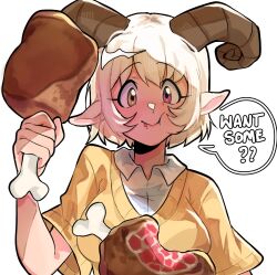 Rule 34 | 1girl, animal ears, blush, boned meat, breasts, commentary, curled horns, eating, english commentary, english text, food, food in mouth, food on face, goat ears, goat girl, goat horns, heterochromia, highres, holding, holding food, horns, meat, medium breasts, original, red eyes, short-sleeved sweater, short hair, short sleeves, solo, sweater, upper body, vmifishi, yellow eyes, yellow sweater