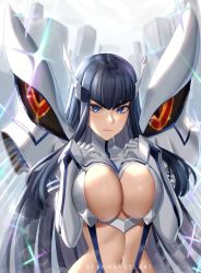 Rule 34 | 1girl, arms up, black hair, blue eyes, blunt bangs, breasts, cleavage cutout, closed mouth, clothing cutout, enma (enmanuelart), eyes visible through hair, gloves, highres, junketsu, kill la kill, kiryuuin satsuki, large breasts, long hair, long sleeves, looking at viewer, midriff, navel, revealing clothes, shirt, solo, sparkle, upper body, white background, white gloves, white shirt