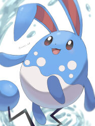 Rule 34 | animal focus, artist name, azumarill, blue skin, brown eyes, colored skin, commentary request, creatures (company), game freak, gen 2 pokemon, highres, iwasi 29, multicolored skin, nintendo, no humans, open mouth, pokemon, pokemon (creature), tail, twitter username, two-tone skin, white background, white skin