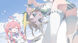 Rule 34 | 2girls, ahoge, apron, bent over, blonde hair, blue sky, blurry, blurry foreground, blush, blush stickers, broom, cloud, daizu (melon-lemon), day, detached ahoge, dress, drill hair, drill sidelocks, dutch angle, frilled apron, frilled thighhighs, frilled wrist cuffs, frills, green eyes, green panties, green ribbon, hair ribbon, hand up, holding, holding broom, long hair, looking at viewer, maid, maid apron, maid headdress, multiple girls, neck ribbon, one eye closed, open mouth, original, outdoors, panties, panties around leg, pink hair, puffy short sleeves, puffy sleeves, purple dress, purple eyes, purple ribbon, ribbon, short sleeves, sidelocks, single blush sticker, sky, standing, striped clothes, striped panties, thighhighs, twintails, underwear, white apron, white thighhighs, wrist cuffs
