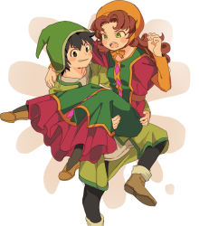 Rule 34 | 1boy, 1girl, bad id, bad pixiv id, breasts, commentary request, curly hair, dragon quest, dragon quest vii, dress, green eyes, hat, hero (dq7), hood, long hair, maribel (dq7), miyama (kannsannn), open mouth, red hair, smile, square enix