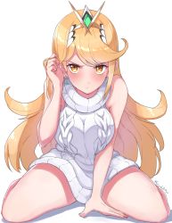 Rule 34 | 1girl, alternate costume, aran sweater, arm support, bare arms, bare shoulders, blonde hair, blush, breasts, cable knit, commentary, dress, earrings, full body, grimmelsdathird, highres, jewelry, large breasts, leaning forward, long hair, looking at viewer, meme attire, mythra (xenoblade), nintendo, orange eyes, simple background, sitting, sleeveless, sleeveless turtleneck, solo, sweater, sweater dress, symbol-only commentary, tiara, turtleneck, twitter username, v-shaped eyebrows, very long hair, virgin killer sweater, wariza, white background, white dress, white sweater, xenoblade chronicles (series), xenoblade chronicles 2