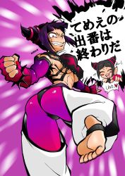 Rule 34 | 1girl, abs, ass, bad id, bad pixiv id, baggy pants, barefoot, black hair, black panties, blush stickers, bracelet, breasts, capcom, crop top, detached sleeves, drill hair, evil grin, evil smile, feet, fingerless gloves, fingernails, gloves, grin, halterneck, han juri, highres, jewelry, kicking, large breasts, looking at viewer, marimo (yousei ranbu), muscular, nail polish, one eye closed, panties, pants, pointing, purple eyes, purple hair, purple theme, sharp fingernails, shiny clothes, short twintails, smile, soles, solo, spiked bracelet, spiked hair, spikes, standing, standing on one leg, street fighter, teeth, toeless legwear, toenail polish, toenails, toes, translated, twin drills, twintails, underboob, underwear