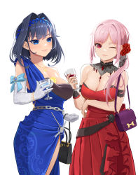 Rule 34 | 2girls, absurdres, bag, bangom r, bare shoulders, black hair, blue dress, blue eyes, breasts, cleavage, closed mouth, commentary, cup, detached collar, dress, drinking glass, elbow gloves, english commentary, flower, gloves, hair flower, hair intakes, hair ornament, handbag, highres, holding, holding cup, hololive, hololive english, jewelry, large breasts, lips, long hair, mori calliope, mori calliope (party dress), multiple girls, necklace, one eye closed, ouro kronii, pink hair, red dress, red eyes, red flower, short hair, shoulder bag, side ponytail, single-shoulder dress, single strap, smile, standing, strapless, strapless dress, virtual youtuber, white background, white gloves
