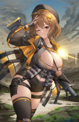 Rule 34 | 1girl, ;), absurdres, ammunition, anis (nikke), black hat, black shorts, breasts, brown hair, cleavage, day, explosive, gloves, goddess of victory: nikke, grenade, grenade cartridge, grenade launcher, grey gloves, gun, hair ornament, hand grenade, hand up, hat, highres, large-caliber cartridge, large breasts, lunacle, milkor mgl, official art, one eye closed, outdoors, revolver grenade launcher, shorts, smile, solo, standing, sunlight, thighhighs, weapon